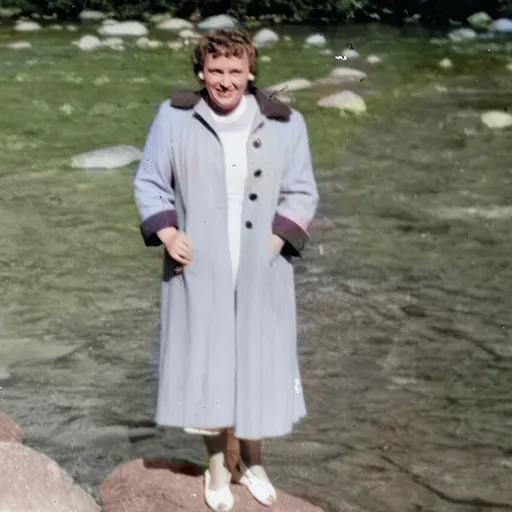 Brennan’s Mom, Agnes, on their first family vacation, mounts a boulder on the Saco River in 1952.