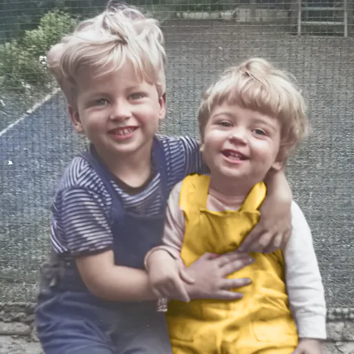(Left) As toddlers growing up in North Newark, Brennan hugs his Irish twin brother, Kevin.