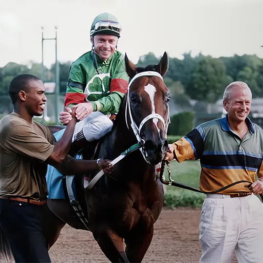 Brennan helps former Seton Hall University All-American basketball player, Terry Dehere, escort his namesake horse after his impressive Saratoga win in the Hopeful Stakes in 1993.
