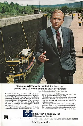 Brennan, as spokesperson for his brokerage firm, First Jersey Securities (FJS), during the heyday of FJS’s ubiquitous television and print advertising, circa the 1980s. First Jersey’s ads featured Brennan piloting a helicopter over landmarks like the Eire Canal (pictured here), the Grand Coulee Dam, and the Capitol in Washington DC.