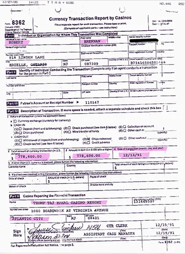 Brennan leaves Trump’s casino with The Donald’s cash in 1991.