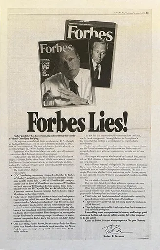 Brennan’s full-page ads fight back against Forbes lies in 1992.