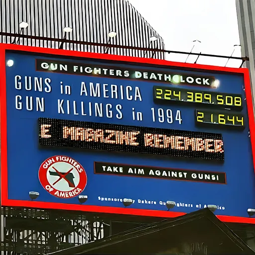 The Dehere Gunfighters Death Clock in Times Square in mid-1994 tolling off the gun deaths at the rate of more than one every 15 minutes.
