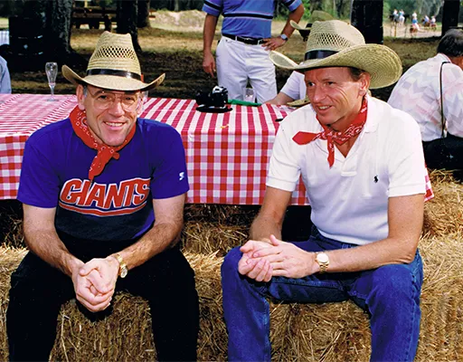 Brennan and his unwavering good friend Dennis Gaito getting ready to spit roast a whole hog at Due Process Stables’ Ocala, Florida horse and cattle ranch in 1990.