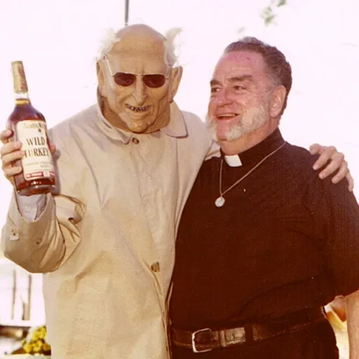 Brennan loves to joke... Wearing the old man outfit that disrupted the SEC proceedings in 1980, Brennan congratulates his father on his ordination as a Catholic Priest in 1977.