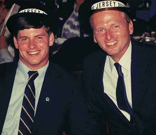 Brennan and his son Chris celebrating the Jersey Derby at Garden State Park in 1985.
