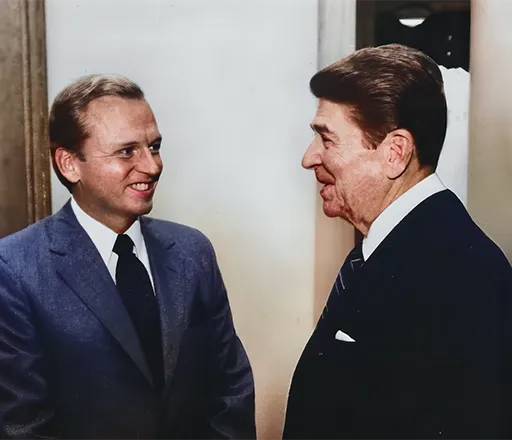 President Reagan encourages Brennan to run for governor at the White House in 1985.