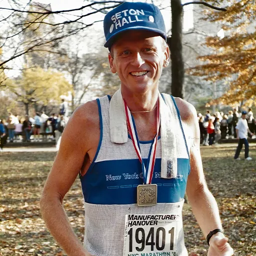 Brennan, moments after completing his first marathon. New York City, in 1988.